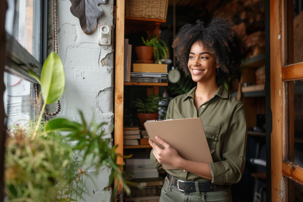 Confident business owner holding clipboard.