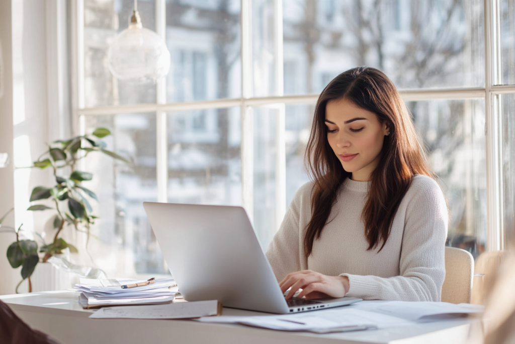 A woman typing on her laptop