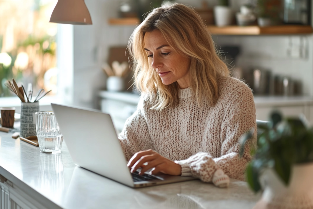 A woman on her laptop at a counter
