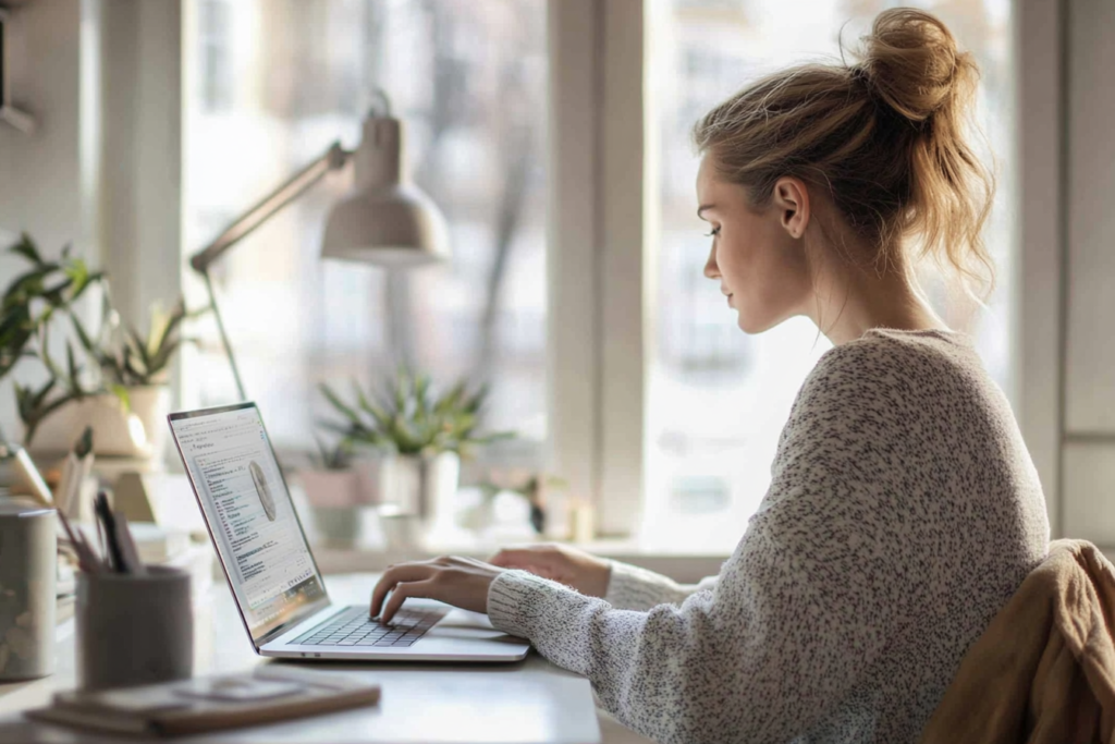 A woman sitting at her desk working