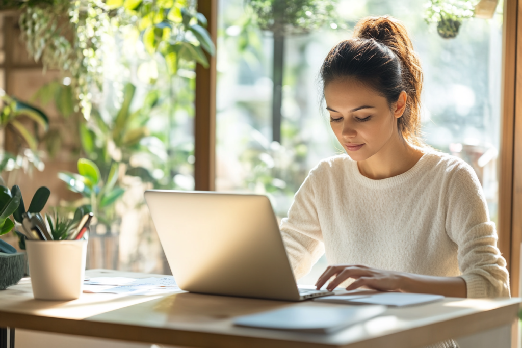 A woman sitting in front of a window working on her computer