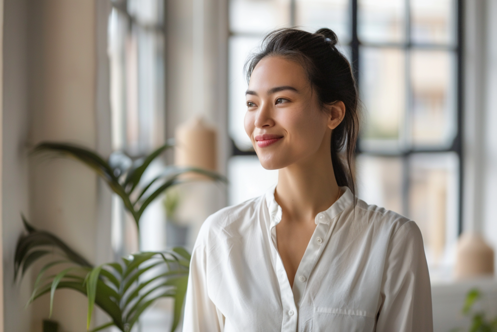 A smiling woman looking off to the left