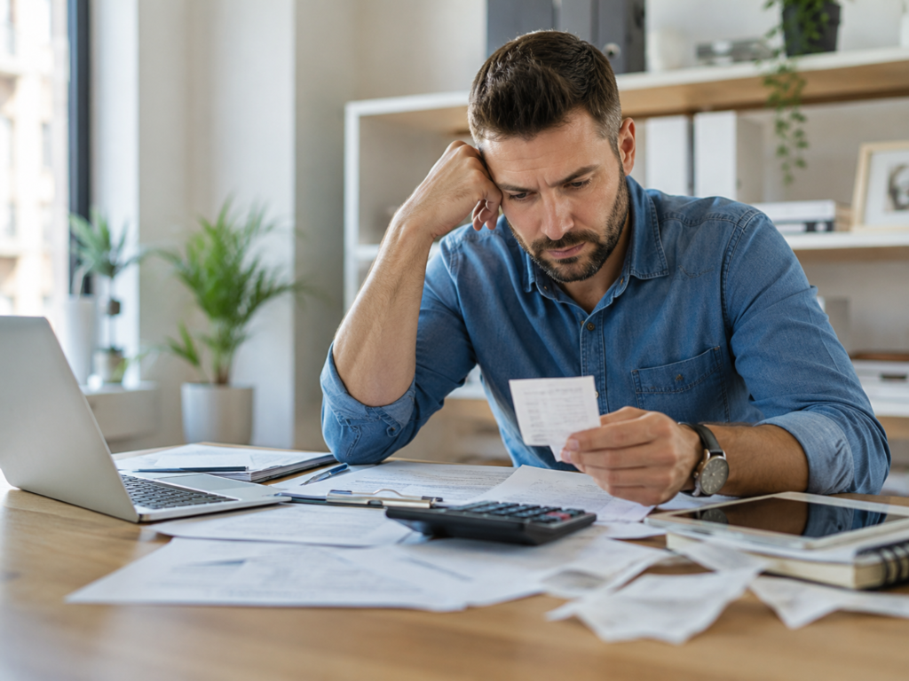 A business owner looking through his receipts and paperwork.