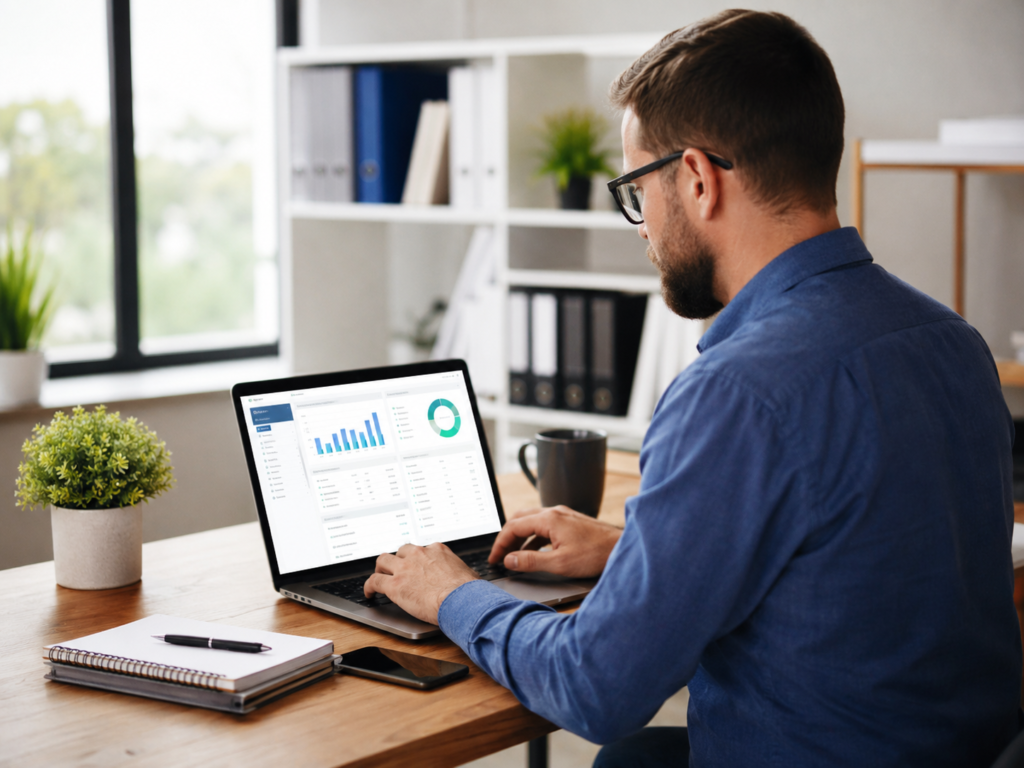 A business owner looking at his business forecast on his laptop.