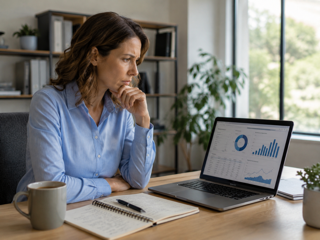 A small business owner looking at her financial reports. 