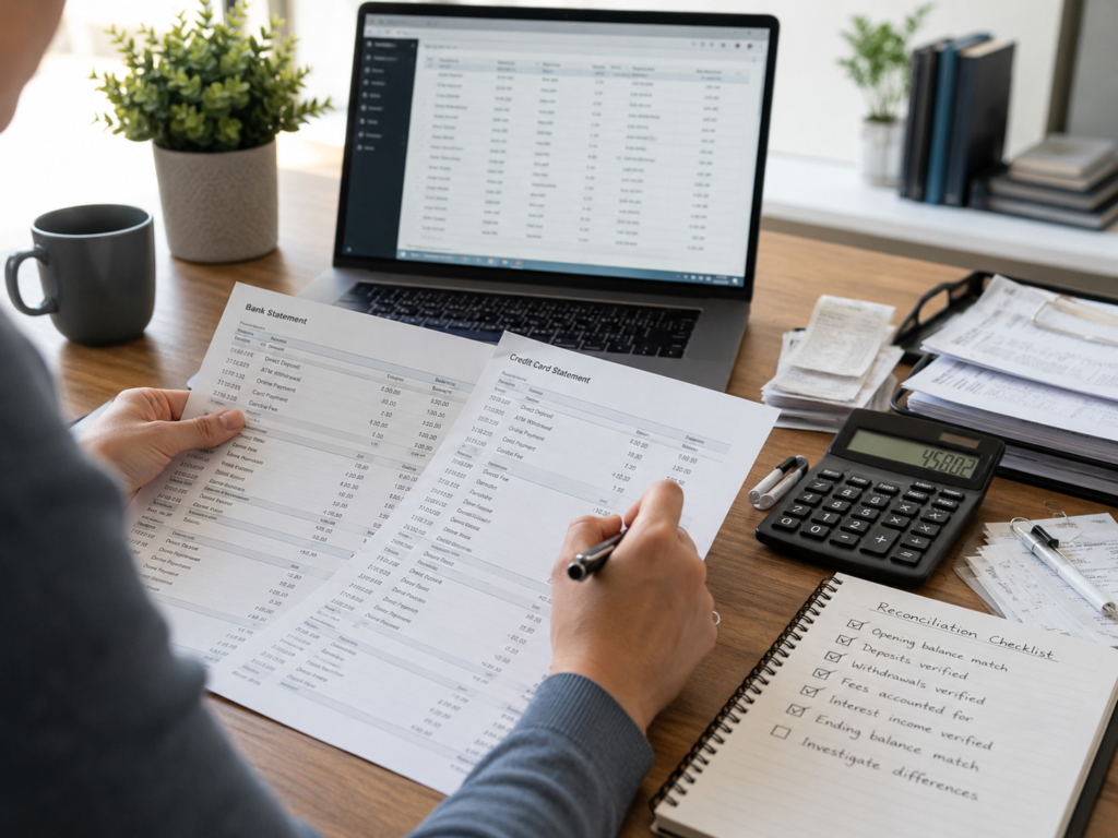 A bookkeeper looking at the financial reports of a client.