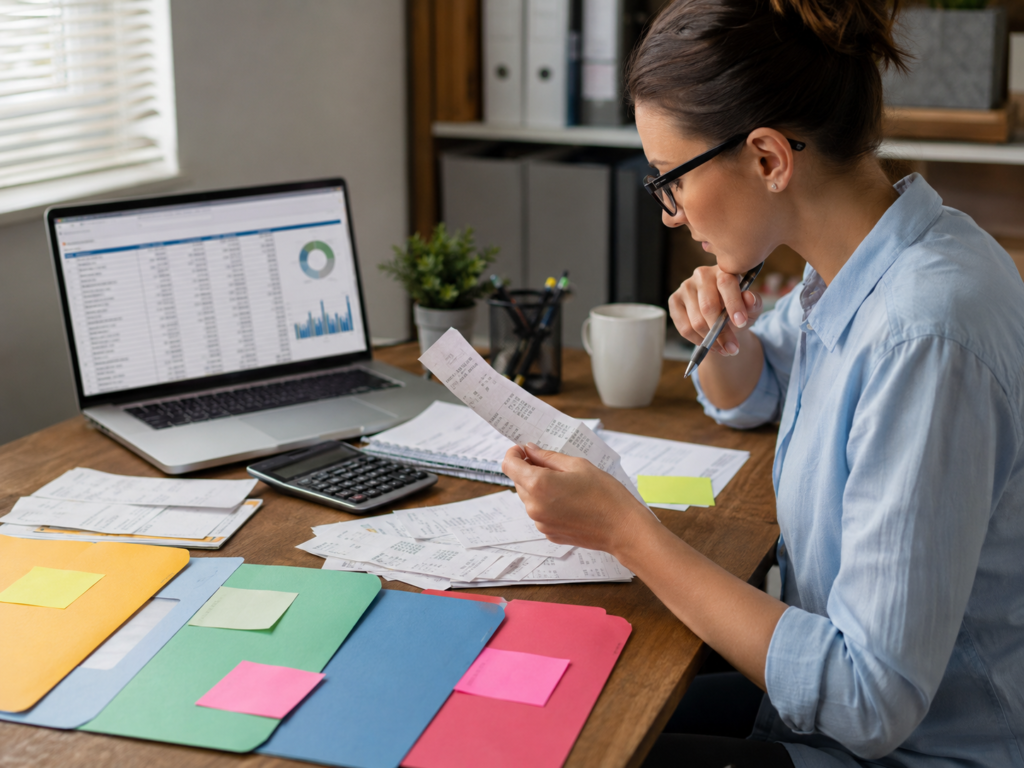 A bookkeeper doing a bookkeeping clean up for a client.