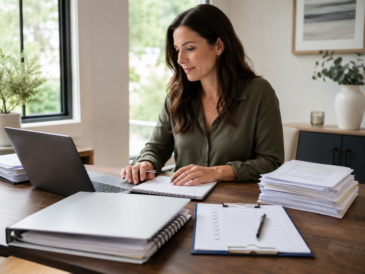 A woman on her computer doing her bookkeeping.