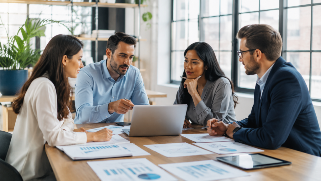A group of people discussing small business reports.