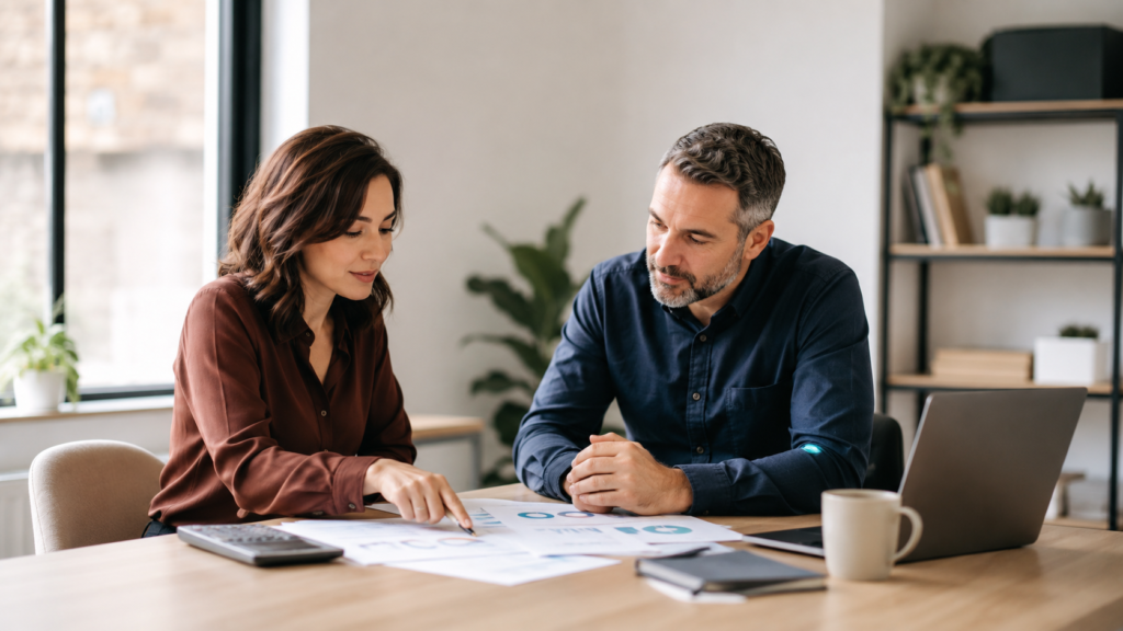 An accountant going through the numbers with a small business owner.