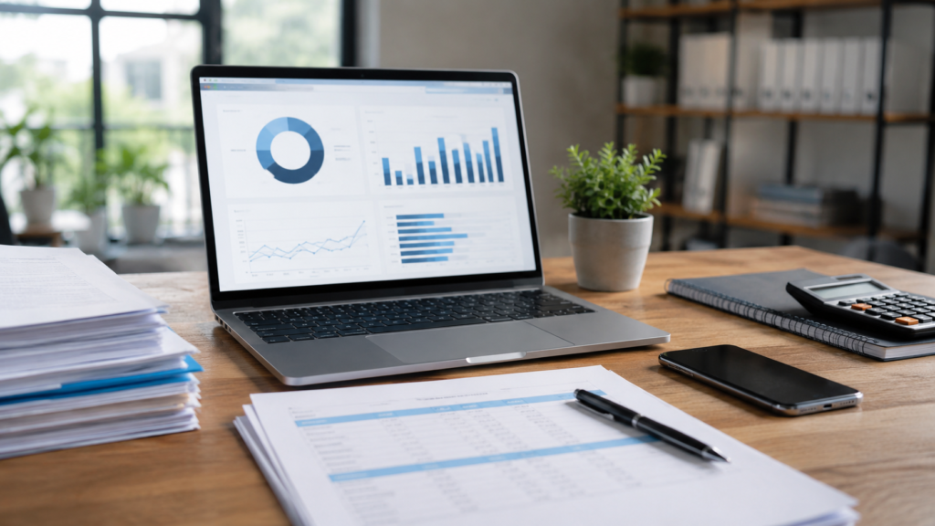 A laptop open with graphs from a small businesses financials.