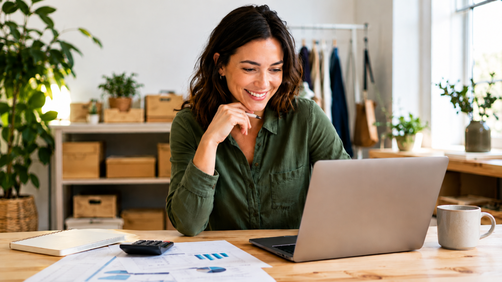 A women business owner smiling at her numbers.