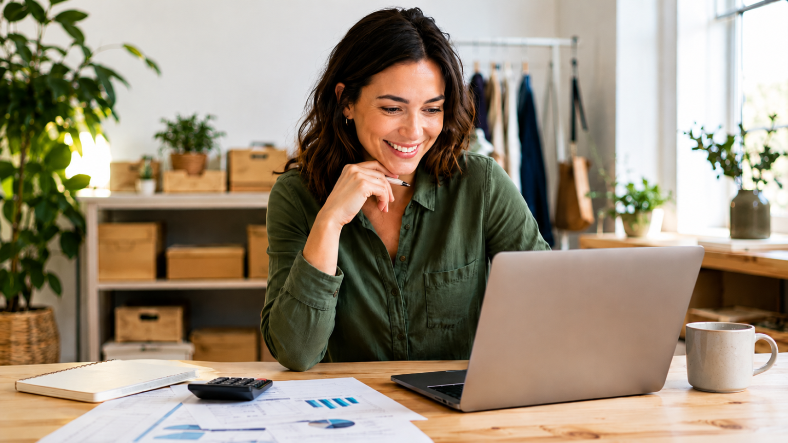 A women business owner smiling at her numbers.